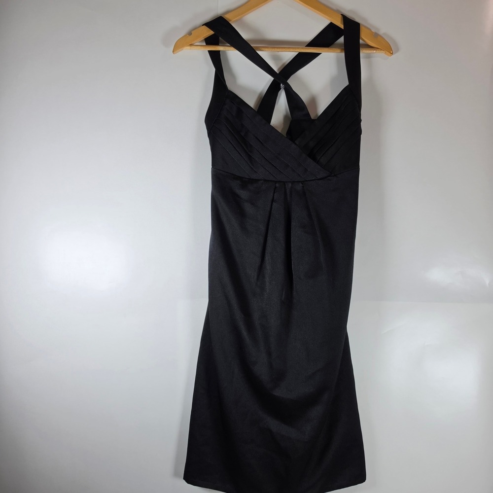 Calvin Klein Black Satin Pleated Cocktail Dress Crisscross Back Womens Sz Small